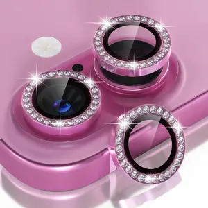 【Diamond Pink】Glimprese Camera Lens Protector Compatible for iPhone 17 16 16Plus 15 15Plus 14 14Plus 13 13Mini, 9H Tempered Glass Camera Cover Screen Protector, HD Clear, Metal Individual Ring Decoration Accessories
