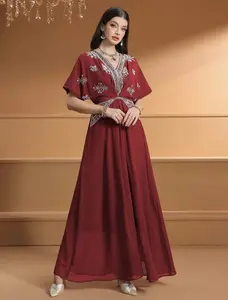 New Abaya Women Maroon Rhinestone Embroidered V-Neck Short Sleeve Modest gown