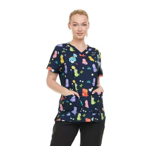 Women's Printed V-Neck Scrub Top - 4-Way Stretch Multi-Pocket Soft Cotton Blend Fun Dinosaur Pattern Clinical Scrubs Nurse Beauty Salon Workwear Spa Doctor Nursing Uniforms with Vibrant Print and Practical Pockets