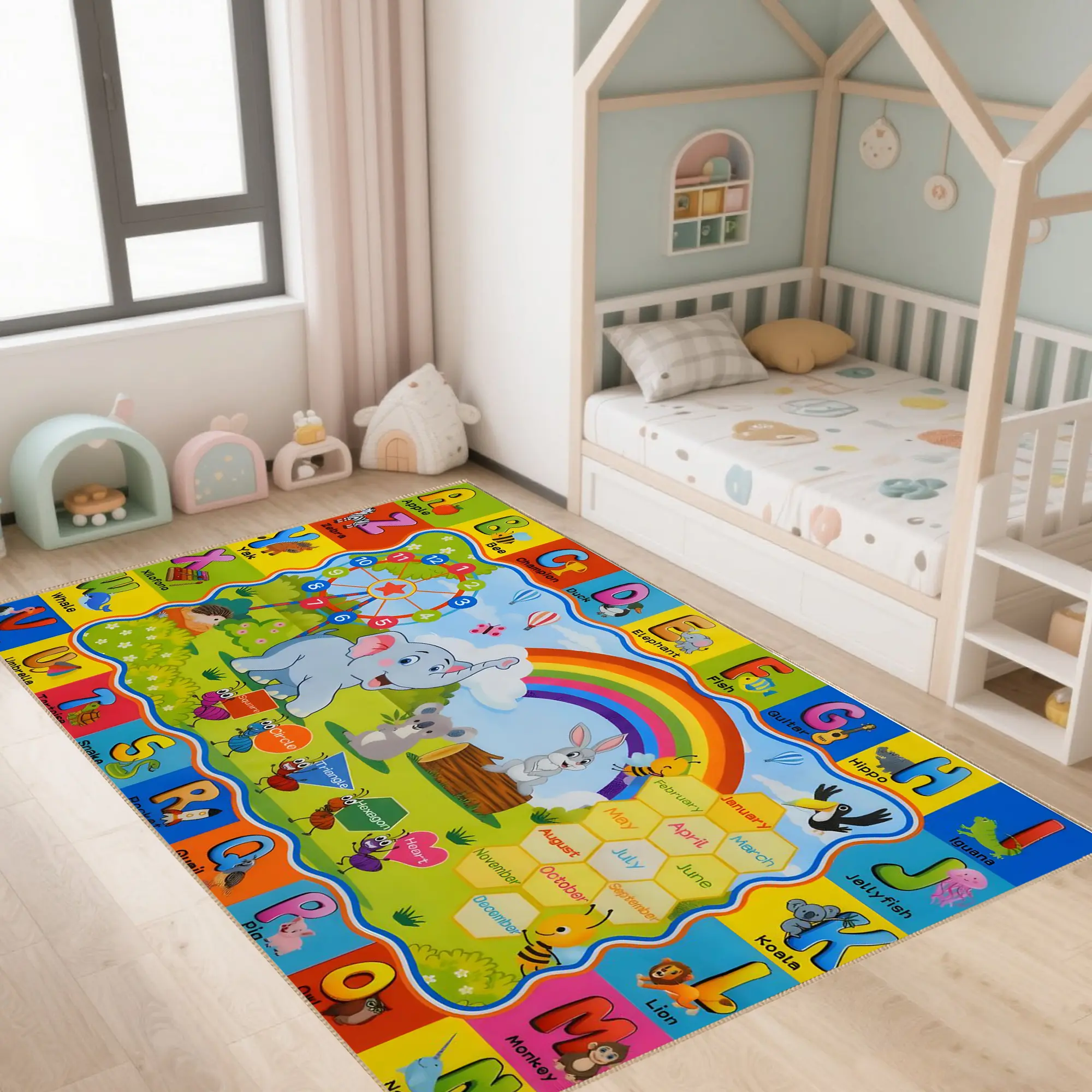 Colorful Kids Educational Learning Rug, Alphabet Numbers Animals Shapes Play Mat for Nursery, Playroom and Preschool