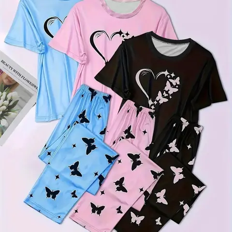 6 Counts Women's Heart & Butterfly Print Pajama Set, Short Sleeve Tee & Elastic Waist Pants Loungewear Set, Women Cute Nightwear, All Seasons Nightwear, PJ Sets for Women, Casual Sleepwear Loungewear, Love Print Sleepwear, Summer Outfits 2024