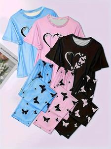 women's heart print round neck tee & butterfly print pants pajamas set, women cute nightwear, comfort casual tee & elastic waist trousers pajama set, summer clothes, pyjamas, womenswear, loungewear nightwear set