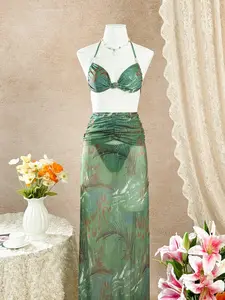 Women's New Long Dress Casual Vacation Fashion Beach Three-Piece Bikini Swimsuit, Fitted All over Print, Summer Style