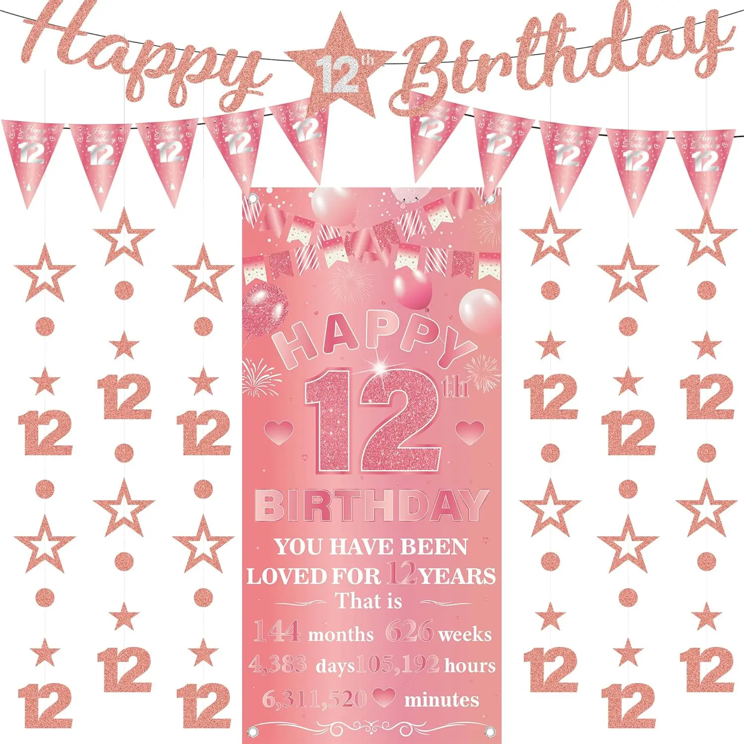 12 Year Old Birthday Decorations - 9 Pcs Girls Rose Gold Happy 12th Bday Backdrop Banner Triangle Flag Glitter Number 12 Star Hanging Garland Party Supplies for Twelve Year Old Pre Teen Decor