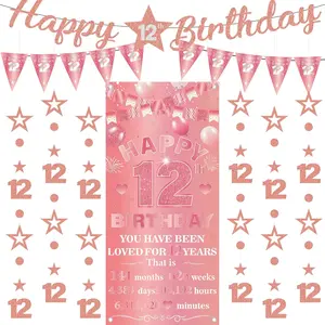 12 Year Old Birthday Decorations - 9 Pcs Girls Rose Gold Happy 12th Bday Backdrop Banner Triangle Flag Glitter Number 12 Star Hanging Garland Party Supplies for Twelve Year Old Pre Teen Decor