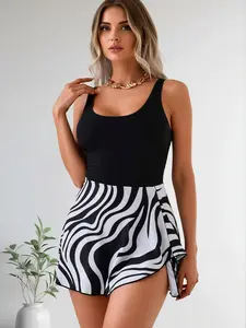 Women's 1-Piece Modest Tummy Control Swimdress - Skirted Full Coverage Bathing Suit, High-Stretch Nylon Blend Zebra Print Swimwear (Multi-Size)