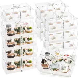 15 Pack Clear Cupcake Boxes, 6 Count Cupcake Containers with Gift Ribbon, Plastic Cupcake Carrier Holder for Treat Dessert Cookies Muffins Pastry Baby Shower Party