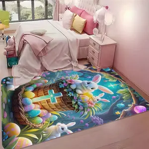 Spring Fairy Tale Bunny Flower Basket Easter Egg Floor Mat, Durable Indoor Carpet for Entryway Living Room, Festive Home Decor