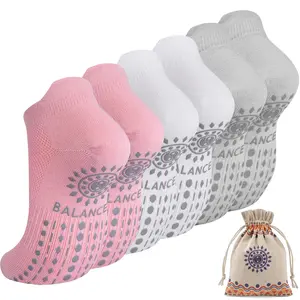 Grip Pilates Socks Ankle for Women, Yoga Non Slip Socks for Barre Workout Gym Hospital Sticky Slipper Socks 3 Pairs