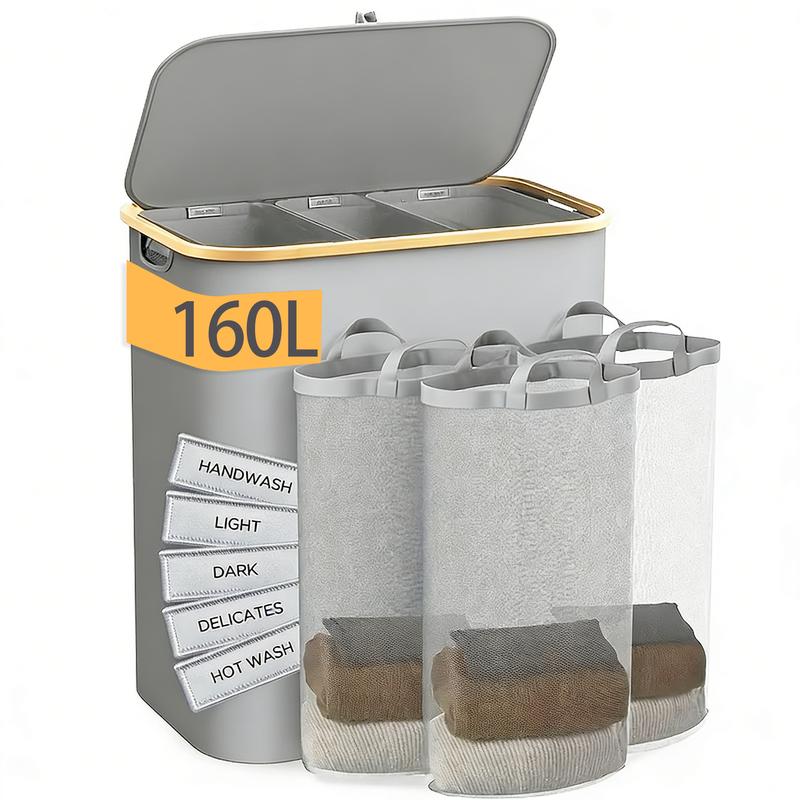 Extra Large 160L Laundry Hamper with Lid | 3-Section, Sturdy Handle | Home Dirty Clothes Organizer