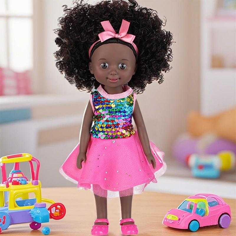 Black Baby Doll, 10 inch American African Girl Doll with Dress, Realistic Reborn for Kids Aged 2 3 4 5 6, Silicone Small Toy Curly Hair Birthday Gift, Brown