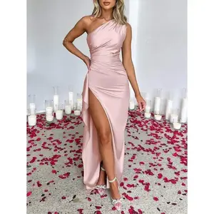 Women's Solid Color Silk Satin One Shoulder Ruched Maxi Dress Sexy Backless High Slit To Thigh Club Party Dress,Perfect For Outings,Parties,Cocktail,Wedding Guest And Vacations