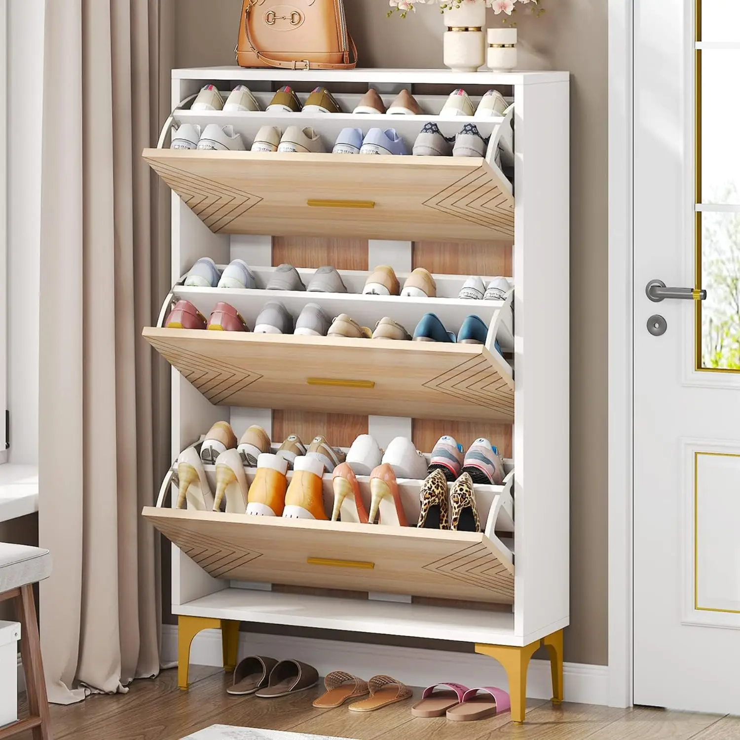 Tribesigns 24 Pair Shoe Cabinet for Entryway, Slim Hidden Entryway Cabinet Shoe Rack Organizer with 3 Flip Drawers,Entryway Shoe Storage Solution for