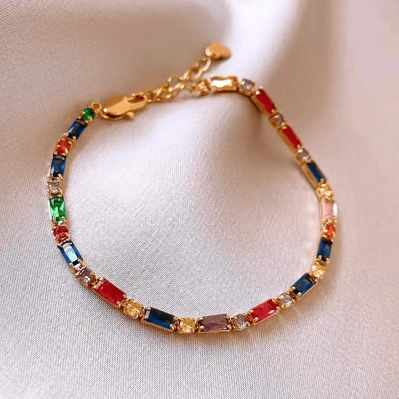 Women's Multicolored Gemstones Rainbow Crystal Tennis Bracelet, Gold-Tone Non-Tarnish Stackable Baguette Bracelet for Y2K & Boho Wear