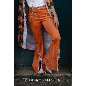 Rust Suede Flare Jeans W Rhinestone Hem Slit