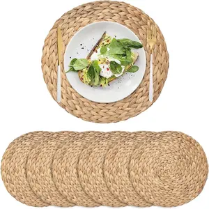 6 Pack Woven Placemats, Round Wicker Placemats, Rattan Place , Natural Hand-Woven Water Hyacinth Table Mats, Braided Straw  Mats for Dining Table (11.8 inch)