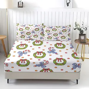 Christmas wreath bow bed sheet with comfortable printed pattern, including 1 bed sheet and 2 pillowcases, comfortable bedding, anti slip dust cover suitable for young adults bedroom and guest room gifts