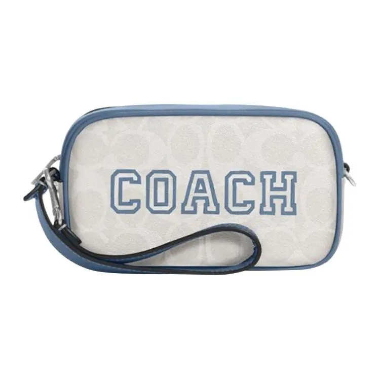 COACH Jamie 18 Classic Monogram Wristlet with Dual Card Slots and Zipper Closure in Chalk White and Indigo Blue Leather Clutch Elegant Purse