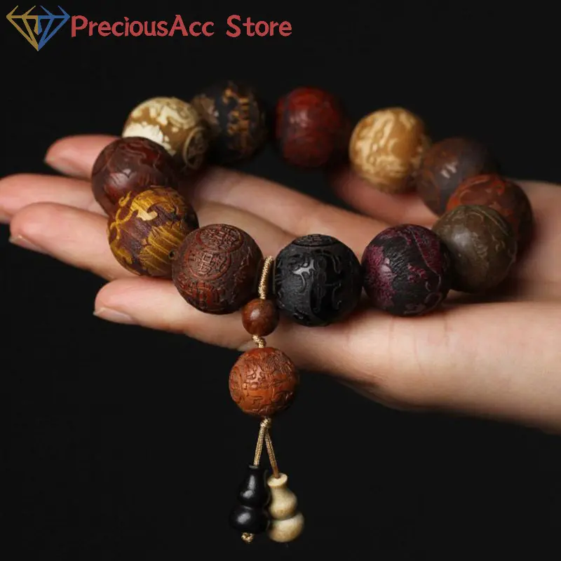 Classic Handmade Wood Carved Beaded Bracelet With Pendant For Men And Women Jewelry Gift Wooden Buddhist Prayer Beads Bracelet