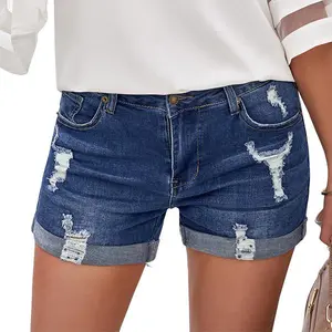 Luvamia Women's Ripped Jean Shorts High Waisted Stretchy Folded Hem Denim Shorts for Summer Casual Wear - Womenswear