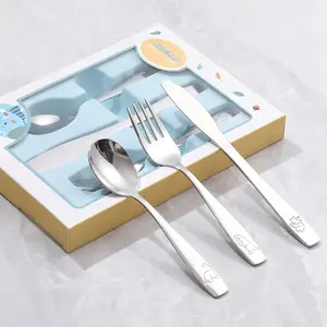 3 Piece Stainless Steel Flatware Utensils Cutlery Set Including Steak Knife Fork and Spoon for Kids ,  Dinosaur Logo，Gift Packaging for Children's Gift Tableware Set Tableware Kit