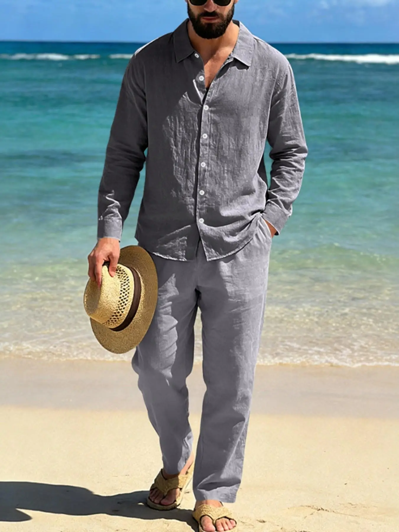 Men's two-piece set, a linen breathable long-sleeved button-down Top and a linen casual straight-leg pants, regular fit, minimalist spring/summer clothing, suitable for autumn comfort casual wear and seaside vacations