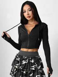 Women's Sporty Zip-Up Jacket Short Style, Yoga Jacket Top, Fashionable Streetwear Design, Thumb Hole Detail, Ideal for Active Lifestyle & Gym Outdoors