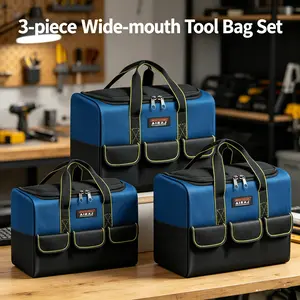 AIRAJ Wide Mouth Tool Bag Set (3 Pieces): wide mouth zipper design, large capacity, external multiple pockets, waterproof and wear-resistant tool storage bag， Black Tool Organizer