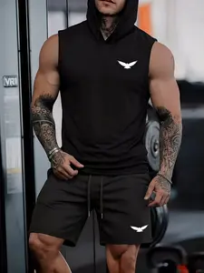 Men's Casual Fitness 2-Piece Set | Eagle Graphic Print | Soft Plush Fabric | Hooded Drawstring Design | Versatile for All Occasions | Timeless Black Color | Essential Gym Streetwear Staple