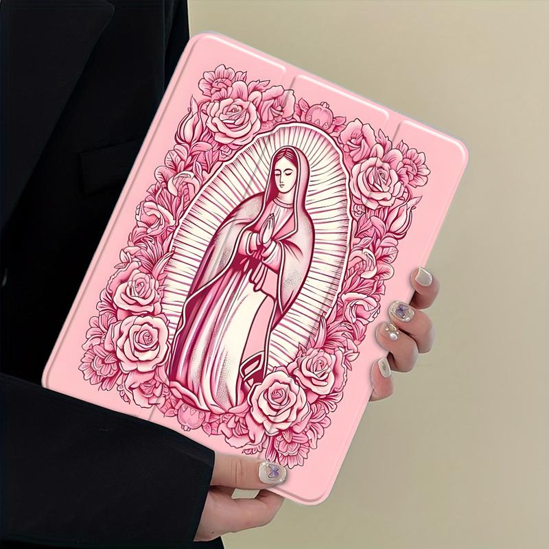 Pink Virgin Mary Rose Floral iPad Stand Case, Three-tiered stand iPad case,Religious Art Transparent Acrylic Hard Back Panel With Pencil Slot, for All models ipad.Scratch-resistant Ultra-thin Protective Case,Shock-resistant Full Cover, Tablet Stand Holder