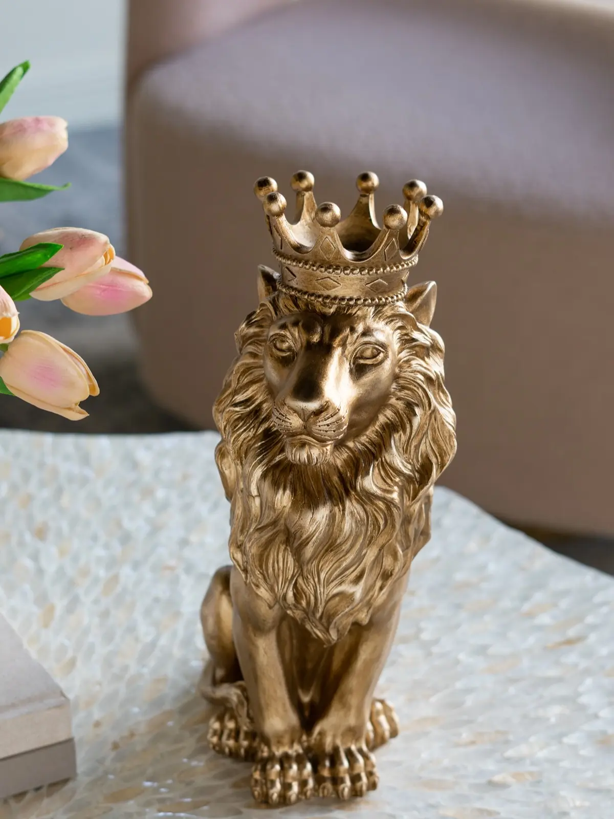 Strong Glam Metallic Resin-Stone Mix Gold King Lion Animal Sculpture with Gold Crown - 2.2 lbs Traditional-Modern Collectible Home Decor Ornaments, Office Accessory, Living Room Accent Gift for Home Enthusiasts