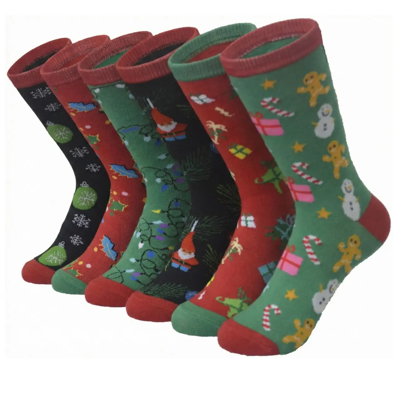 Diamond Star Women's Christmas Crew Socks 6 Pairs Soft Multi-Color Festive Design Size 9-11 for Casual Winter Wear Style Colorful Santa Claus Theme
