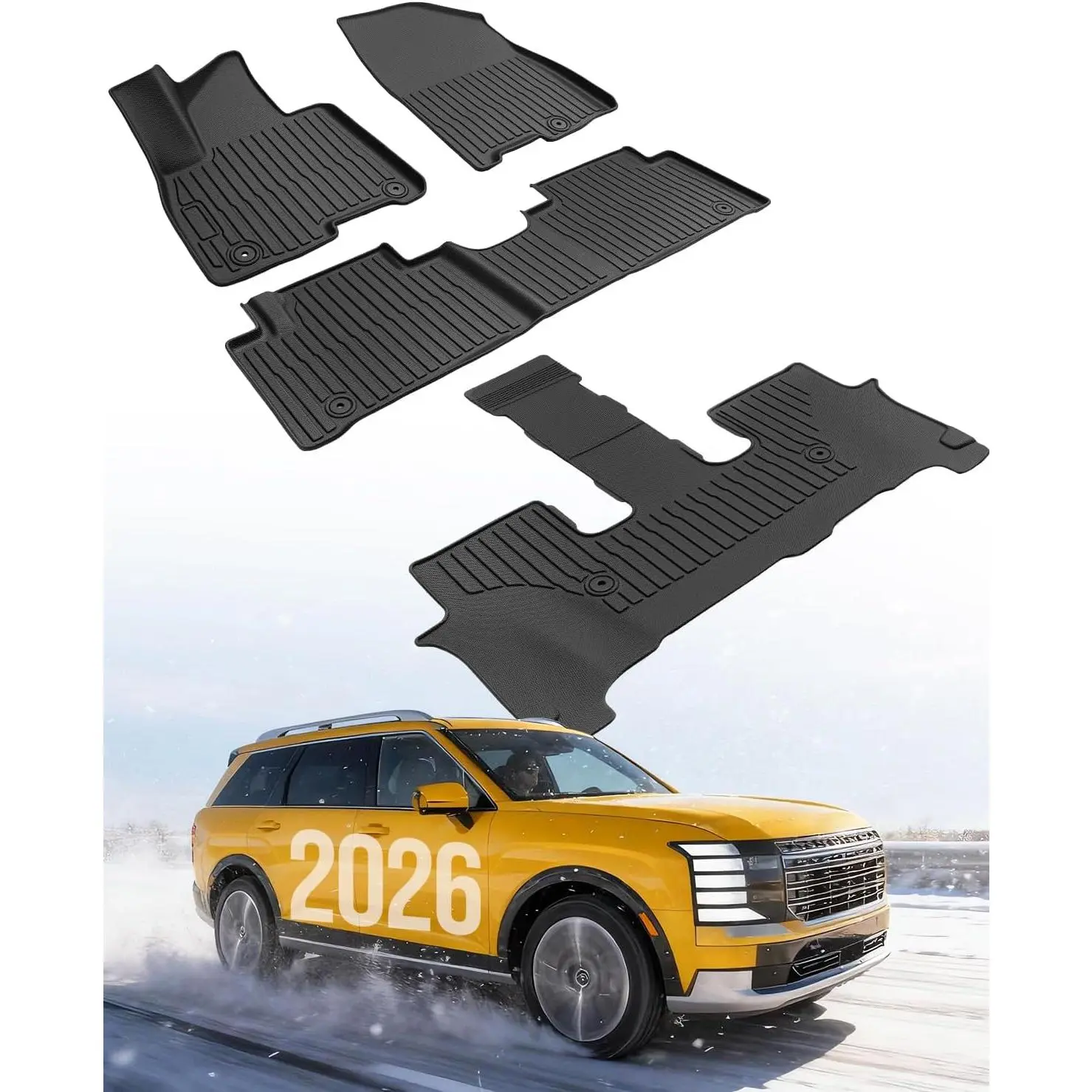 TAPTES Pre-Cut Waterproof Slip-Proof All-Weather Rubber Car Floor Mats Set for 2026 Hyundai Palisade Hybrid Calligraph, 7/8 Passenger Car Accessory (Not for Fuel Model)
