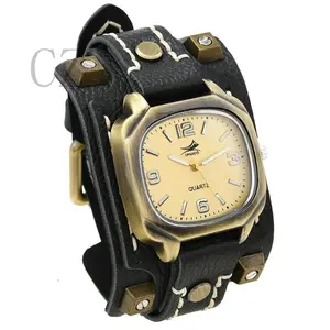 PunkHip-hopStyleRetroRivetCowhideWatchBraceletAdjustableHand-stitchedWideLeatherWristband,Men'sAccessories[CZ]