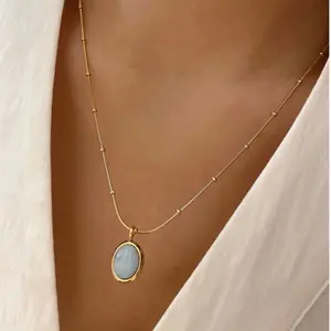 Stainless steel necklace 18k gold plated with oval aquamarine opal stone Daily Daily Birthday Wedding Auspicious Daily