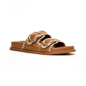 Just Fab Women's Raffia Espadrilles Slide Sandals Flat Double Strap Open Toe Beach Resort Shoes for Summer - Footwear, Girl