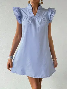 Coquette Aesthetic Blue-White Stripe Ruffled Sleeve Stand Collar Short Mini Dress  Vintage Casual Blue Striped Ruffled Sleeve Stand Collar Loose Dress Fresh Vibe Blue-White Stripe Ruffled Sleeve Beach Vacation Mini Dress Women