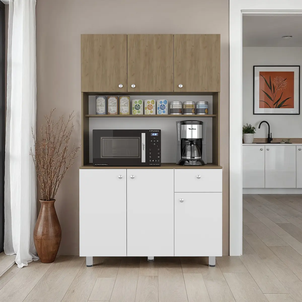 Lehr Wood Kitchen Pantry Cabinet Combo Item - 6 Doors, 1 Drawer, Engineered Wood Build, Ample Shelves, 72.8" H x 43.7" W x 15.8" D, FSC Certified, CPSIA Compliant, TSCA Title VI Compliant, Hardware Included, Assembly Required, White/Natural Oak, 133.34 Lb