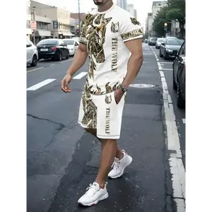 Men'S Casual 3D Printed Short Sleeve Set - Breathable Polyester, White with Golden Wolf Design, Shorts & T-Shirt, Summer Streetwear, Comfortable Fit, Casual Summer Wear | Graphic Print Top | Knit Construction, PLUS SIZE