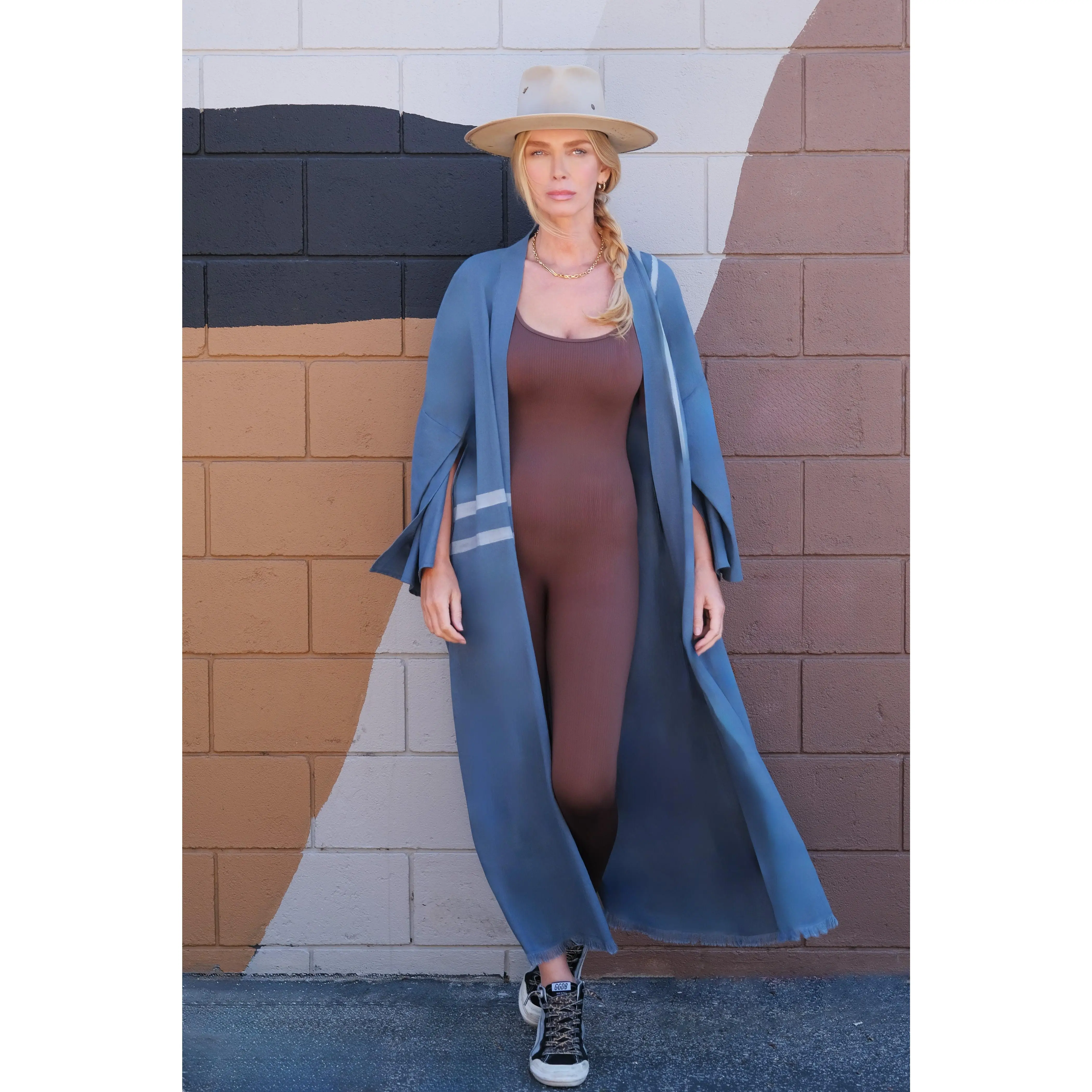 Women's Linen-Cotton Kimono Coat, Minimalist 1-Piece Maxi Duster with Hand-Painted Stripes and Cape Sleeves, One Piece