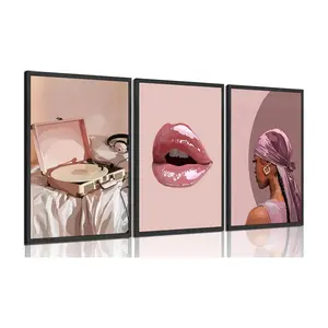 3pcs/set Unframed Black Woman Canvas Wall Art Pink Trendy African American Painting Picture Wall Decor Fashion Black Girl Record Music Canvas Prints Poster Print Artwork for Living Room Bedroom Office Apartment Home Decoration