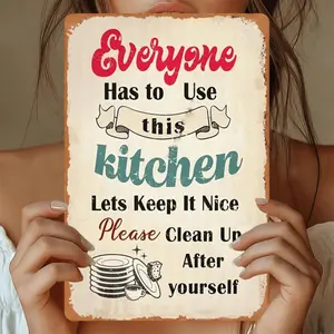 Vintage Metal Wall Sign for Kitchen Please Clean Up After Yourself Rustic Iron Decor with Red and Black Lettering and Utensil Illustrations