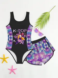 Girls' Cool Style Split Swimwear, Gradient Starry Stars Print Tank Top Swimsuit + Shorts Set, Casual Fitted Two-Piece