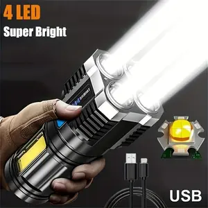 LED Flashlight USB Rechargeable with 4 Lights, High Power Flashlights High Lumen Flashlight Super Bright Portable Handheld Lantern for Outdoor Camping, Bright LED Side Light for Home Use