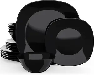 Black Dinnerware Set,Square Glass Plates,Dishes, Bowls Set, MEKY 18-PCS Kitchen Dinner Set Service for 6, Safety for Microwave &Dishwasher