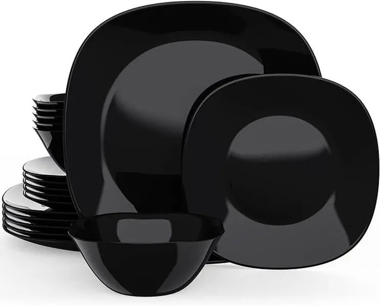 Black Dinnerware Set,Square Glass Plates,Dishes, Bowls Set, MEKY 18-PCS Kitchen Dinner Set Service for 6, Safety for Microwave &Dishwasher