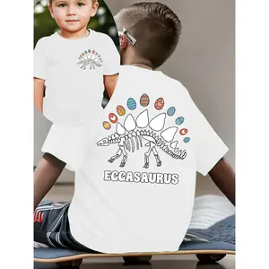 Easter Summer Boys' Stylish Short-Sleeve T-Shirt Featuring a Double-Sided Print of The "EGGASAURUS" Lettered Stegosaurus Skeleton, Colorful Eggs, And Other Cartoon Designs, Outdoor Casual Top