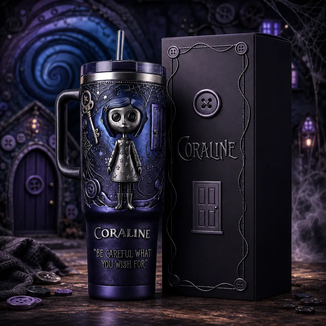 Coraline: The Button Realm Premium 40oz Insulated Tumbler, Stainless Steel Double-Wall Vacuum Cup with Lid, Straw & Handle, BPA-Free Reusable Travel Tumbler, Made in USA, Perfect Gift for Daily Use