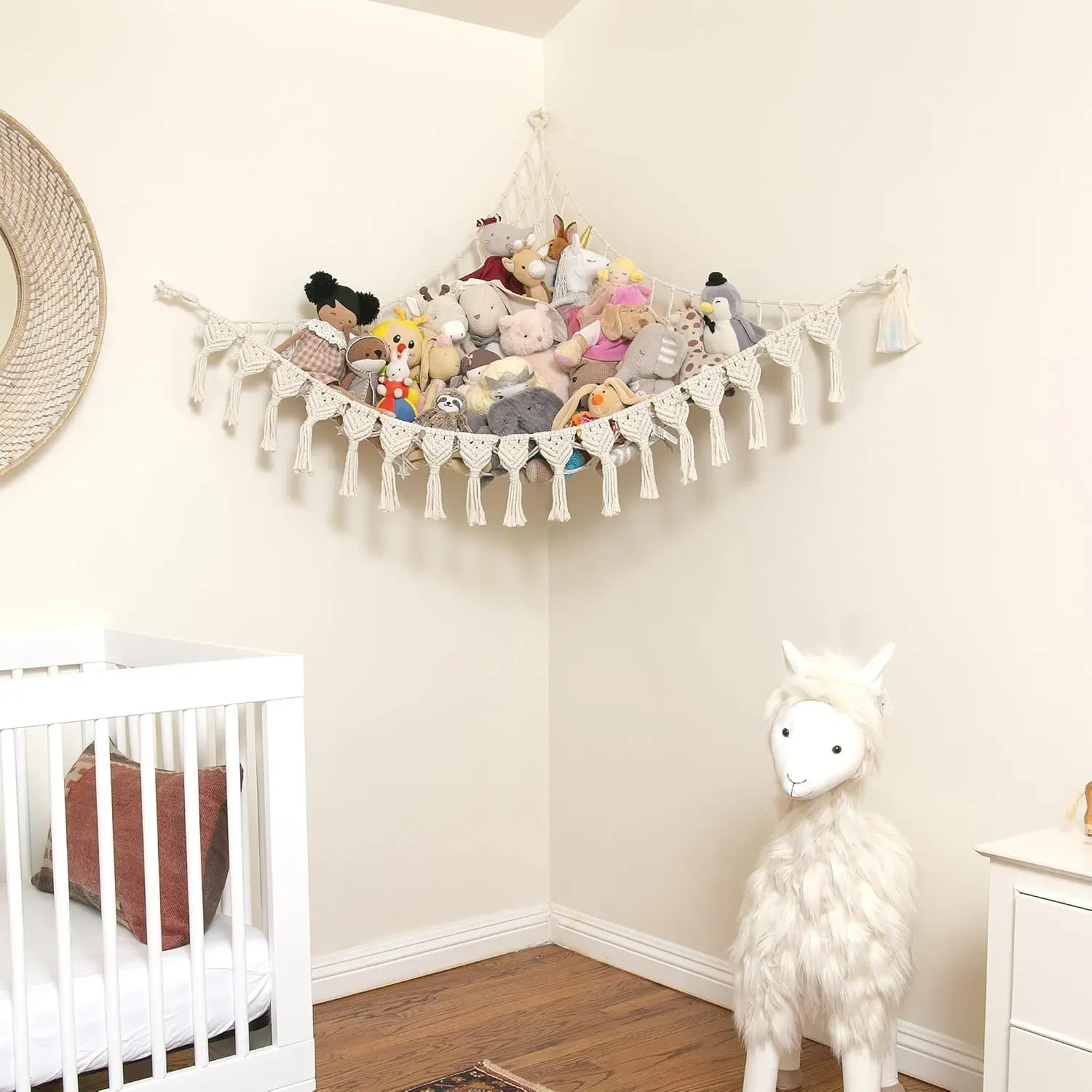 Extra Large Stuffed Animal Hammock with LED Lights 100% Natural Cotton Macrame Toy Storage Net for Plushies & Squishmallows Boho Macrame Corner Organizer for Kids’ Room or Nursery (Beige)