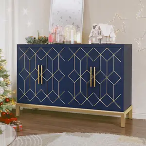 48" Accent Cabinet with 4 Doors and Shelves, Modern Credenza Storage Cabinet with Gold Trim, Sideboard Buffet for Living Room, Kitchen, Dining Room, Hallway, Blue